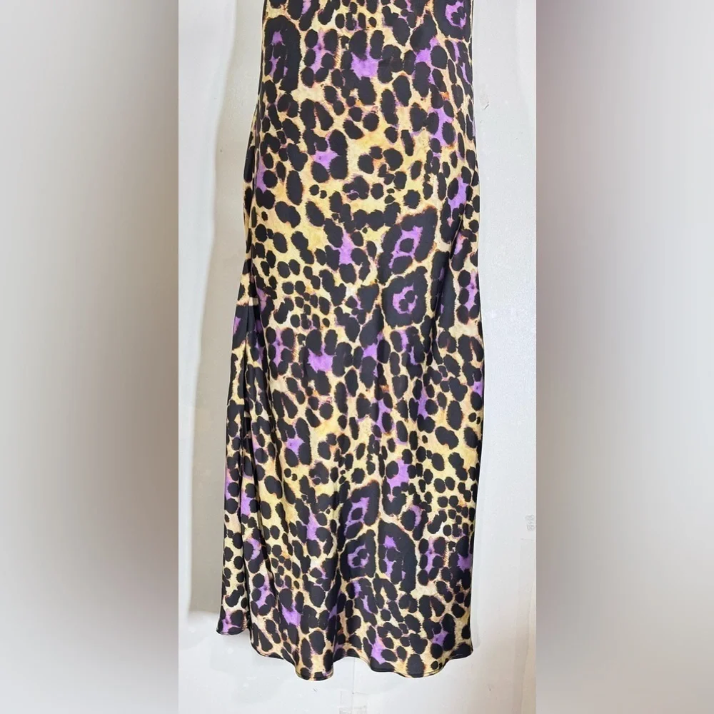 Zara Satin Effect Leopard Purple Slip Spaghetti Strap Midi Dress | Size S